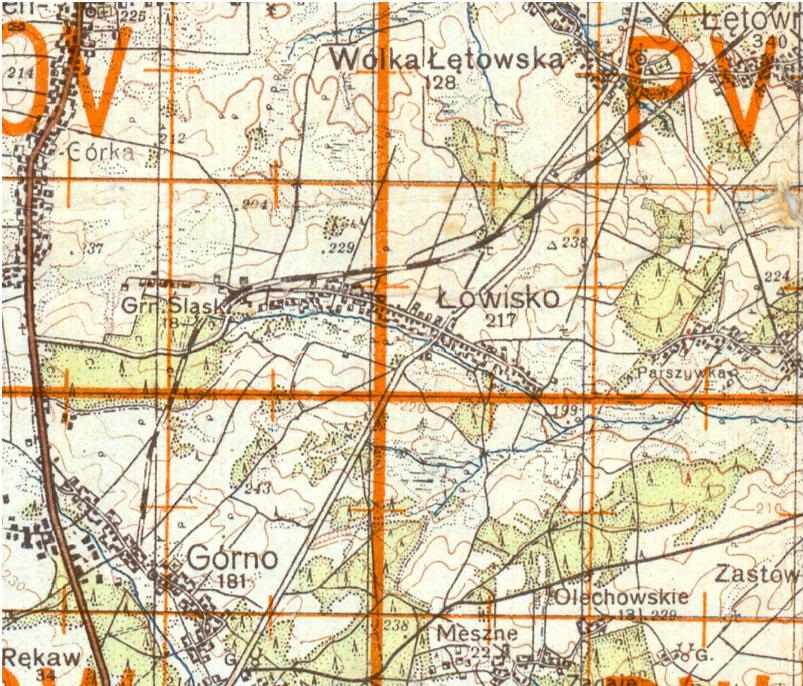 Nieistniejąca już linia kolejowa Łętownia-Łowisko-G&oacute;rno na niemieckiej mapie z 1944 r.