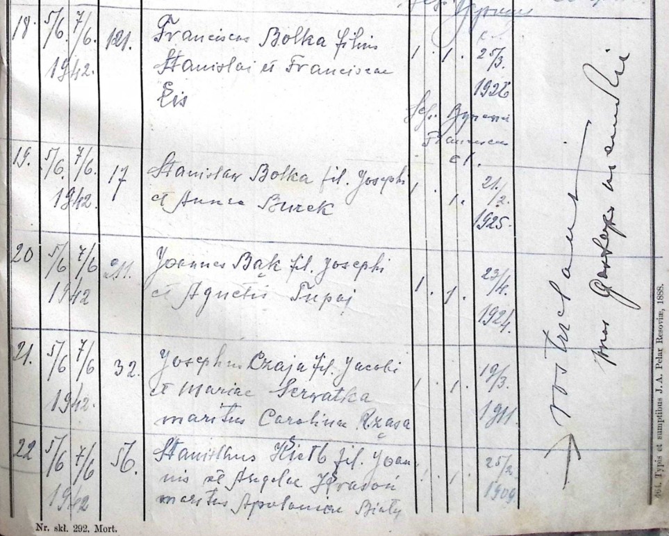 Strona z &bdquo;Liber Mortuorum&rdquo; Parafii G&oacute;rno z adnotacją o pomordowanych